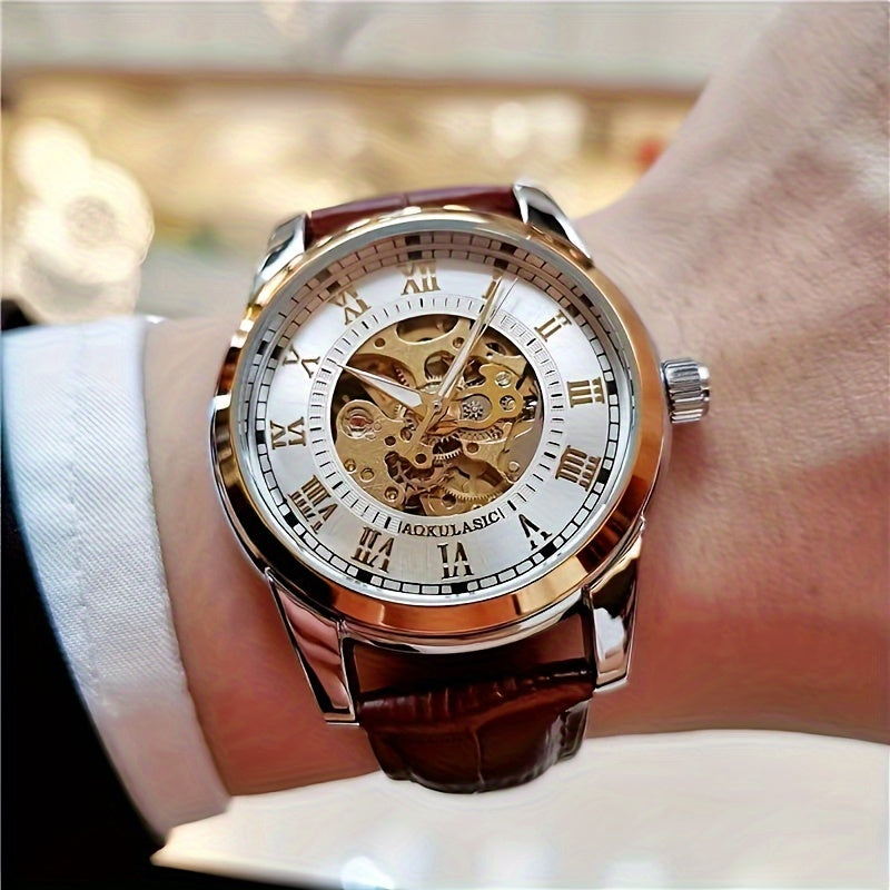 Men's Automatic Mechanical Watch Skeleton Design Brown Faux Leather Strap Casual Business Gift
