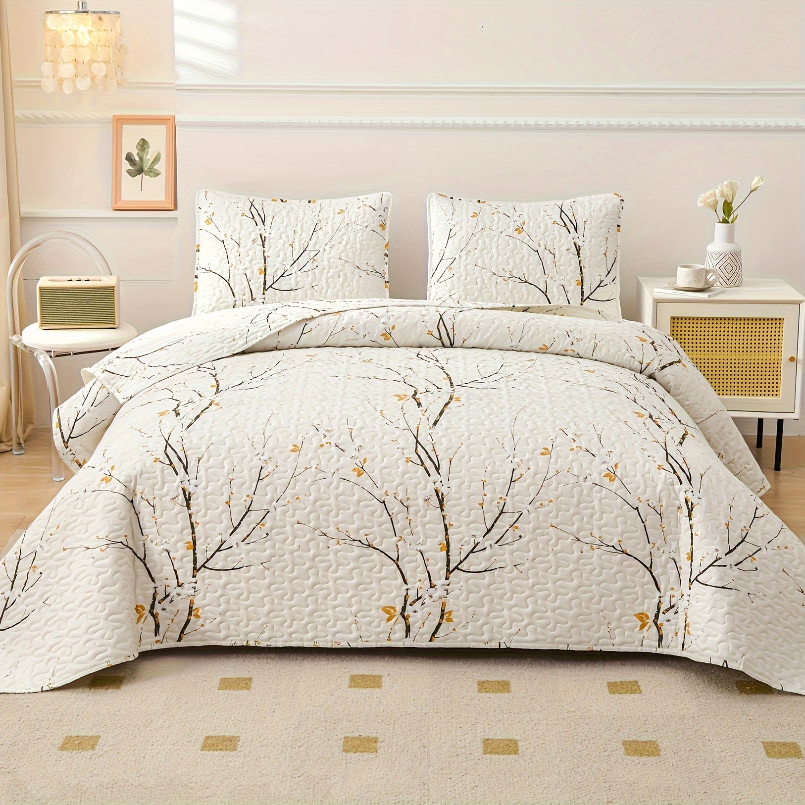 Elegant Plum Blossom Bedding Set 3 Pieces Quilt and Pillowcases Breathable Soft for All Seasons