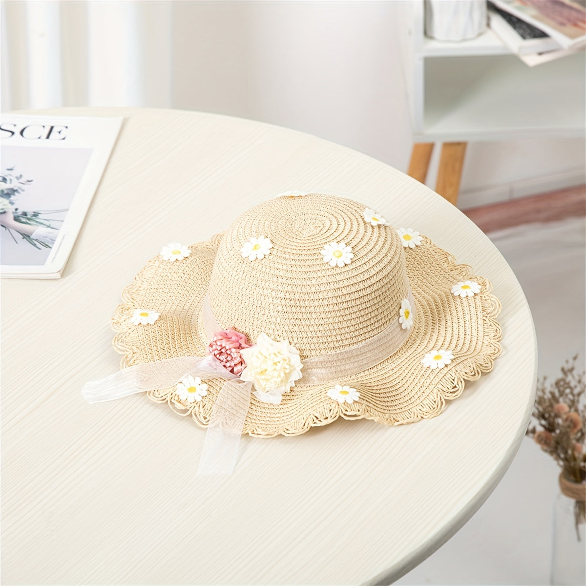 Teen Girls Straw Hat with Daisy Pattern and Matching Bag Summer Water-Resistant