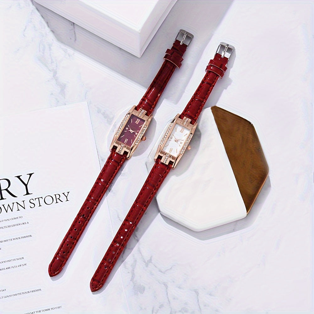 Женские прямоугольные аналоговые кожаные наручные часы с rhinestones, 2 шт.