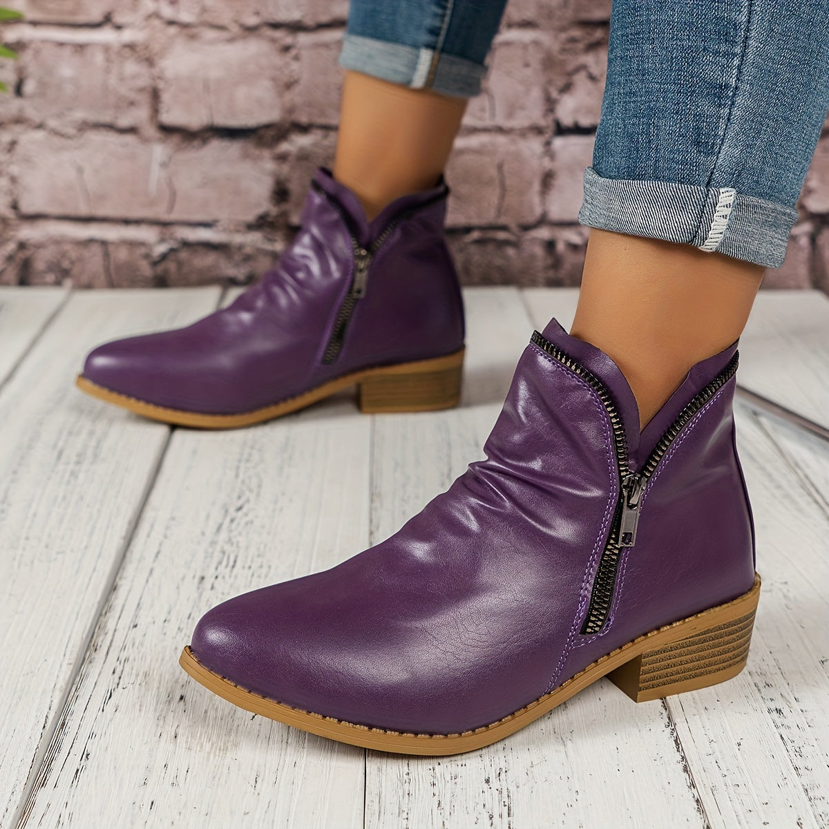 Women's Purple Ankle Boots with Side Zippers Chunky Heel All Seasons