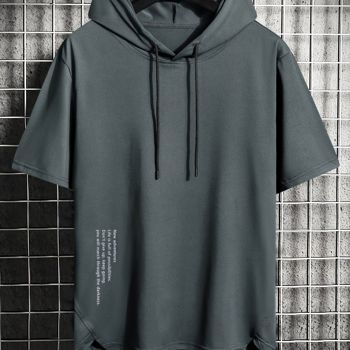 Men's Summer Casual Hooded T-Shirt with Asymmetrical Alphabet Print Short Sleeve Knit Fabric