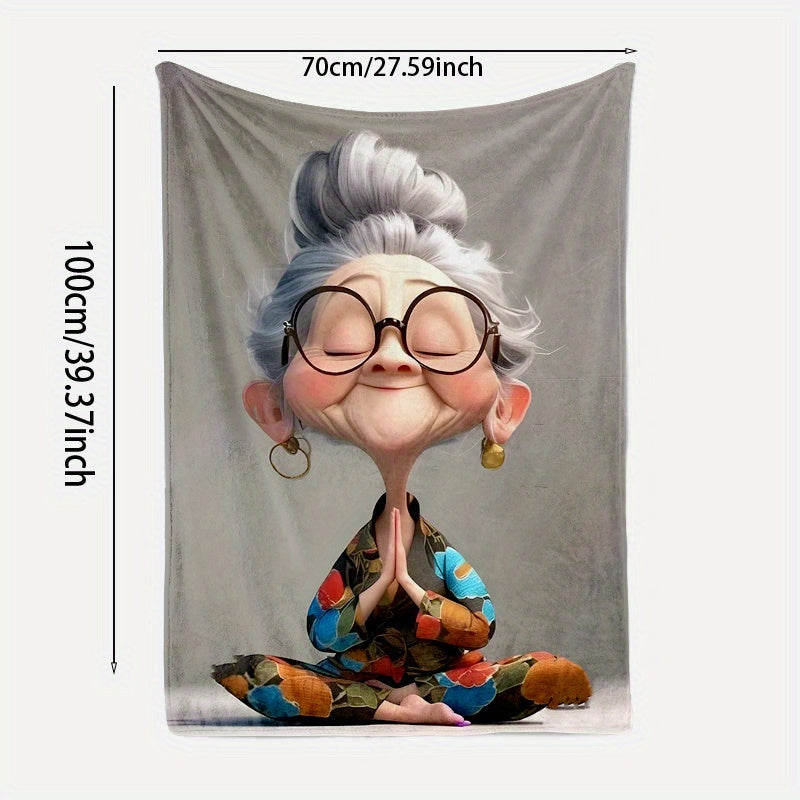 Meditating Grandma Fleece Blanket Soft Warm Cozy for Nap Travel Camping Sofa Bed Office Decor