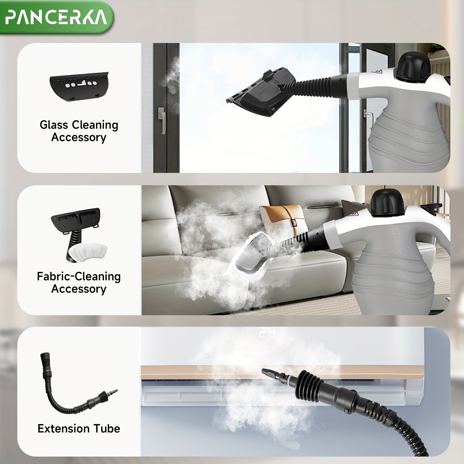 PANCERKA Elektrik Bug' tozalagichi 9 ta aksessuar tozalash qismlari, yuqori haroratda sanitariya mopi va qo'l bilan ishlatiladigan qopqoq bilan, gilamlar, pardalar, pollar va derazalar uchun ideal. EU ulagichi.