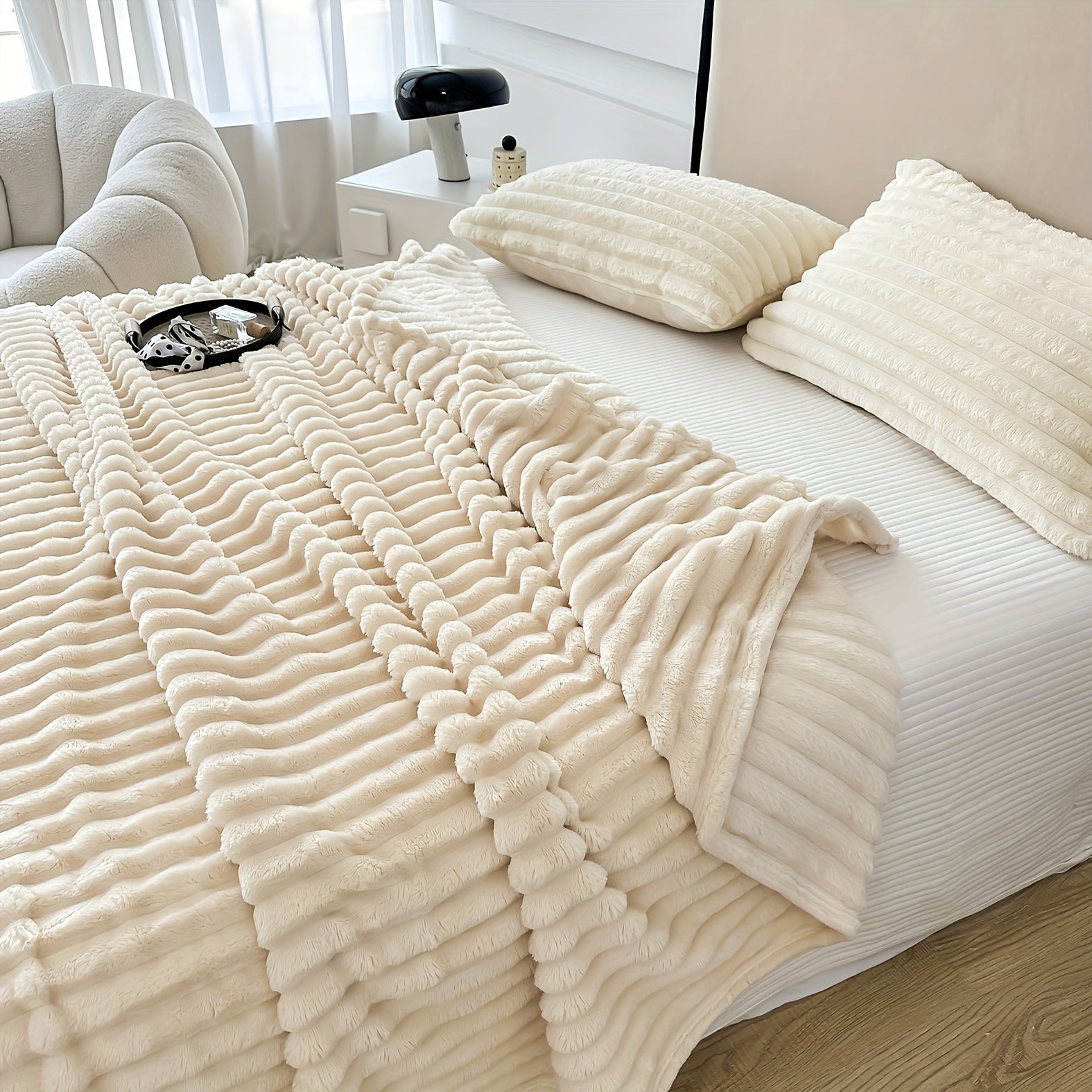 Luxury Throw Blanket Soft Flannel Coral Fleece Striped for Sofa and Office