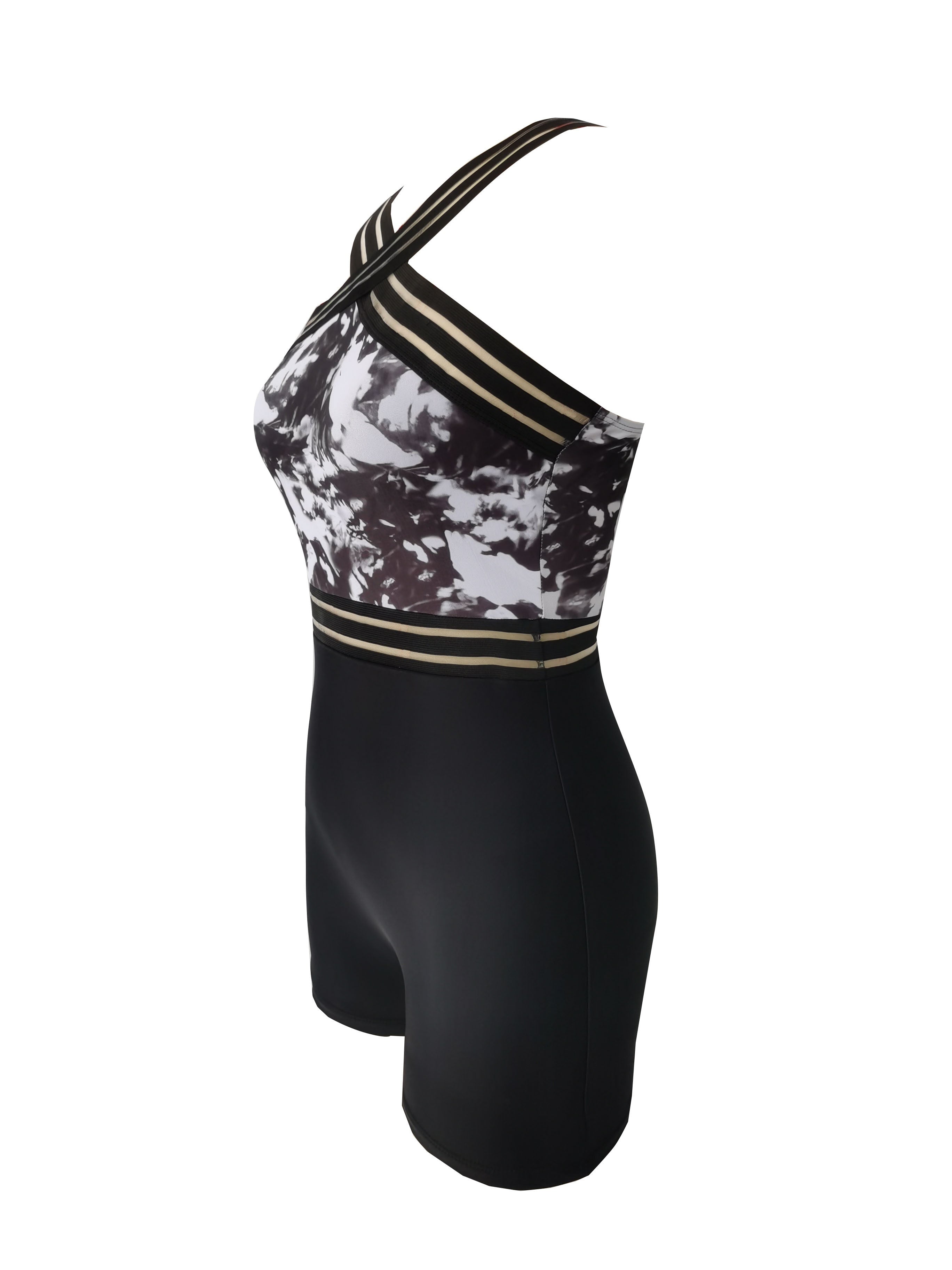 Women's Mesh One Piece Swimsuit with Criss Cross Neck and Boxer Short Bottom