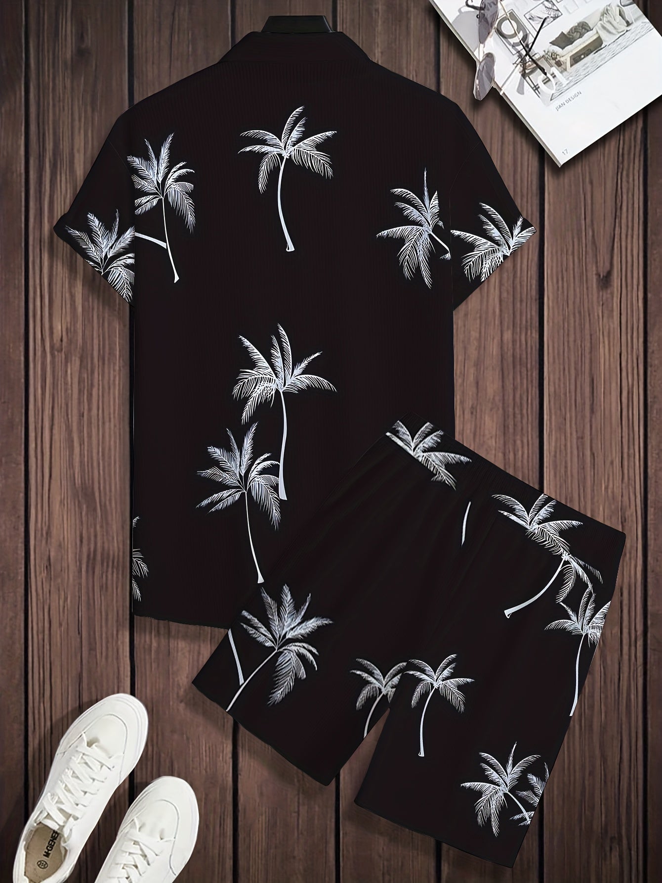 Men's Hawaiian Themed Casual Set in Black and White Palm Print Polyester Blend Plus Size