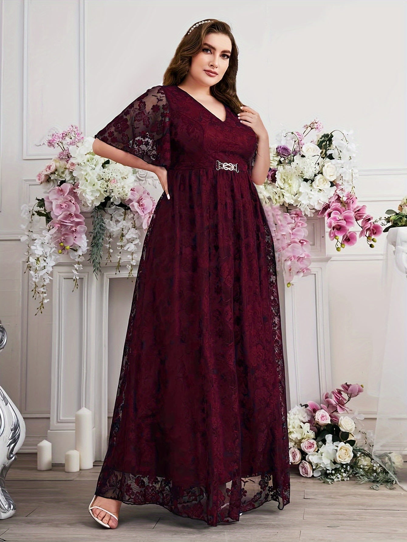 Women's Plus Size Floral Lace Swing Maxi Dress V Neck Flutter Sleeve Party Wear