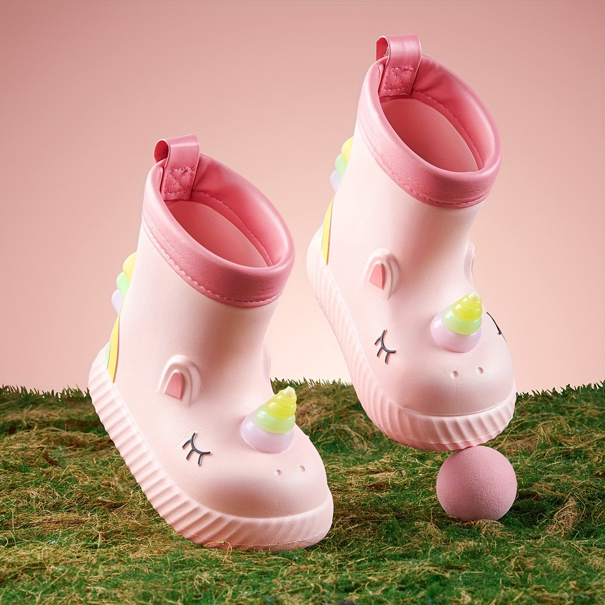 Kids Girls Pink and White Cartoon Unicorn Waterproof Rain Boots Slip-On Non-Slip Short Outdoor Hiking Toddler