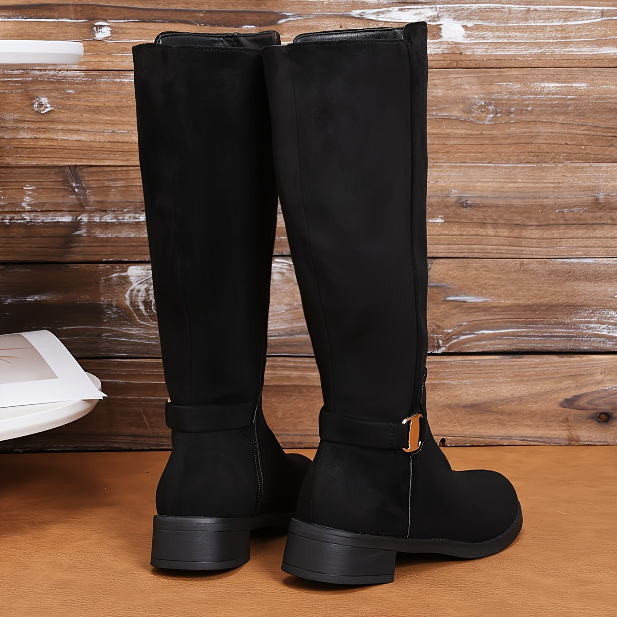 Women's Faux Leather Mid-Calf Boots with Gold Buckle Side Zipper