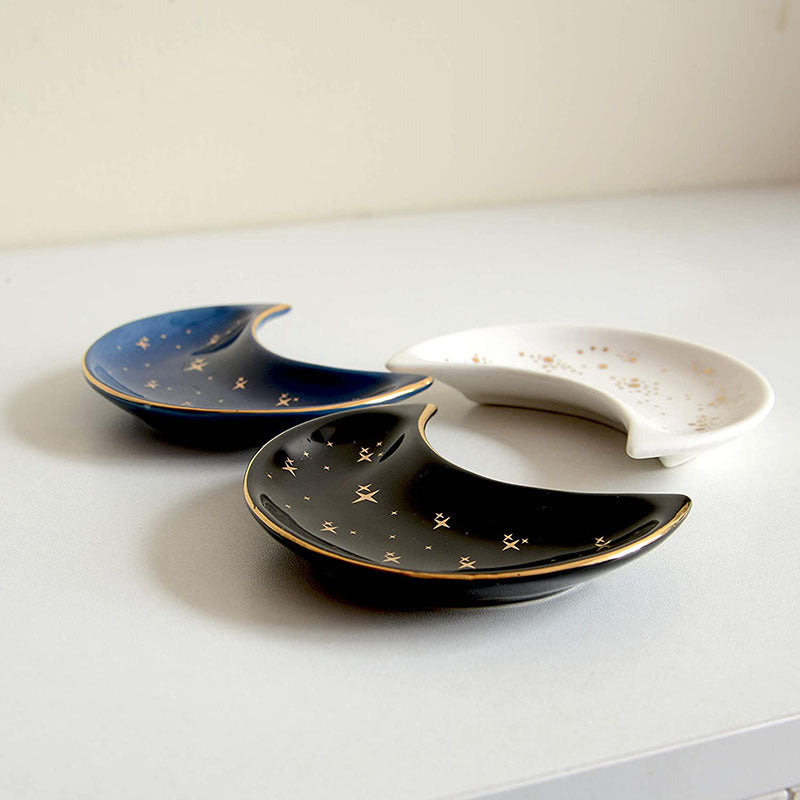 Ceramic Moon-Shaped Jewelry Plate for Storing Items on Dresser