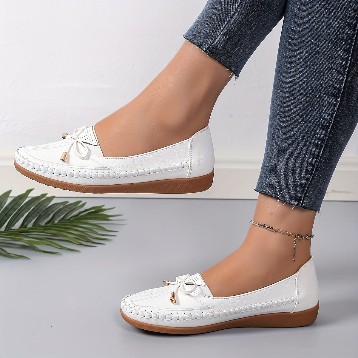 Women's White Faux Leather Slip-On Loafers with Bow Breathable Mesh