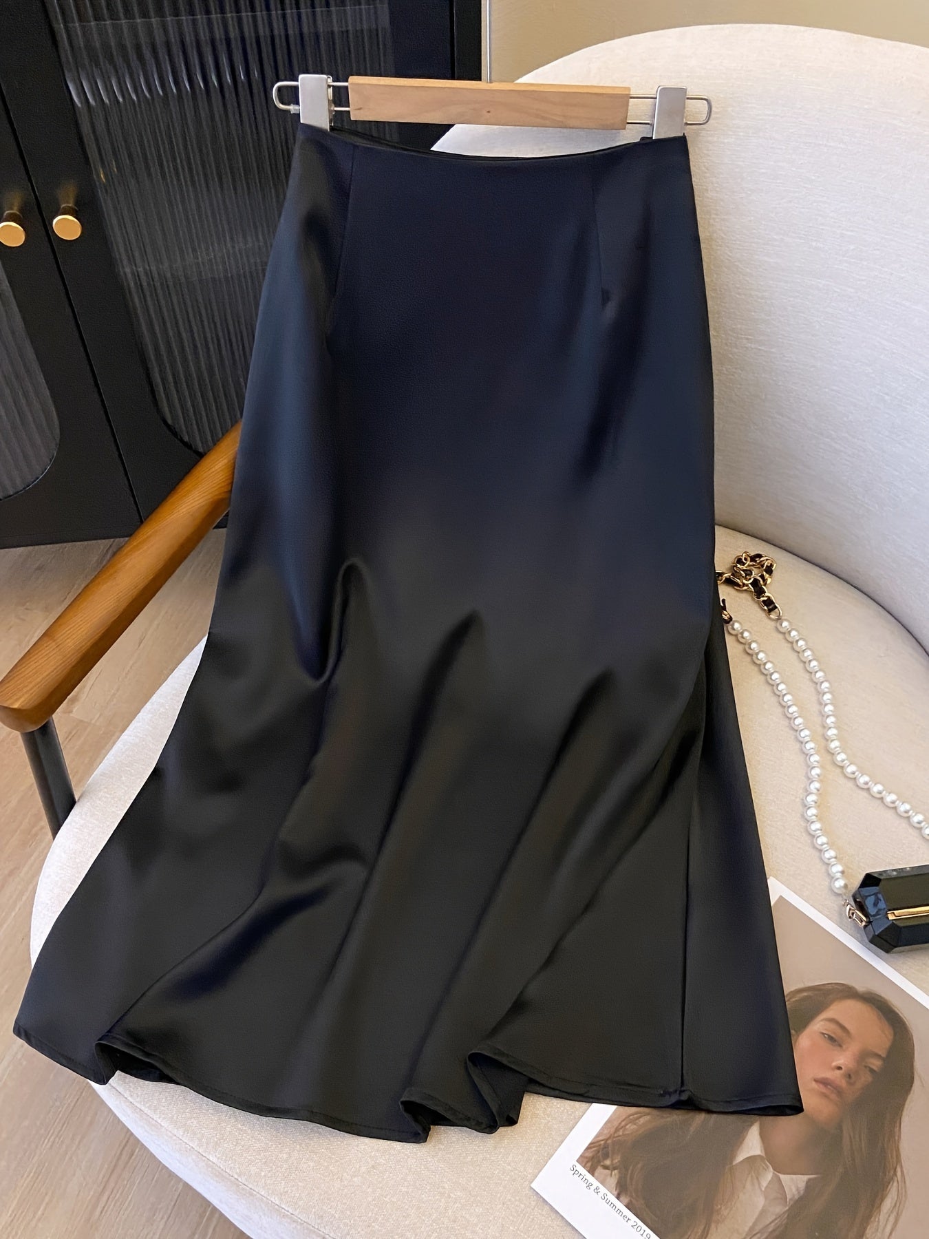 Women's High Waist Satin Midi Skirt Solid Color Elegant All Seasons