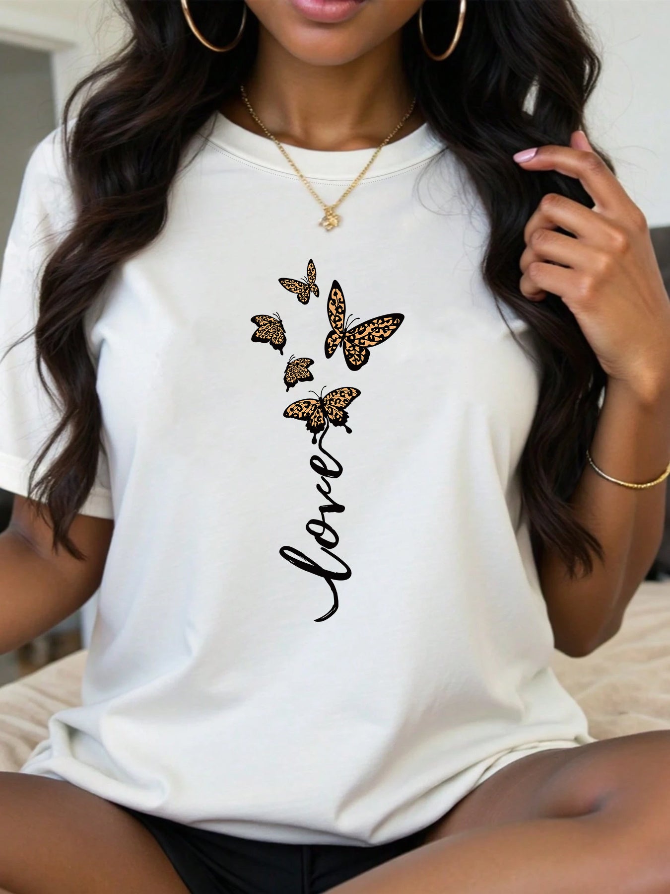 Plus Size Women's Cotton Short Sleeve T-Shirt Butterfly Script Print White