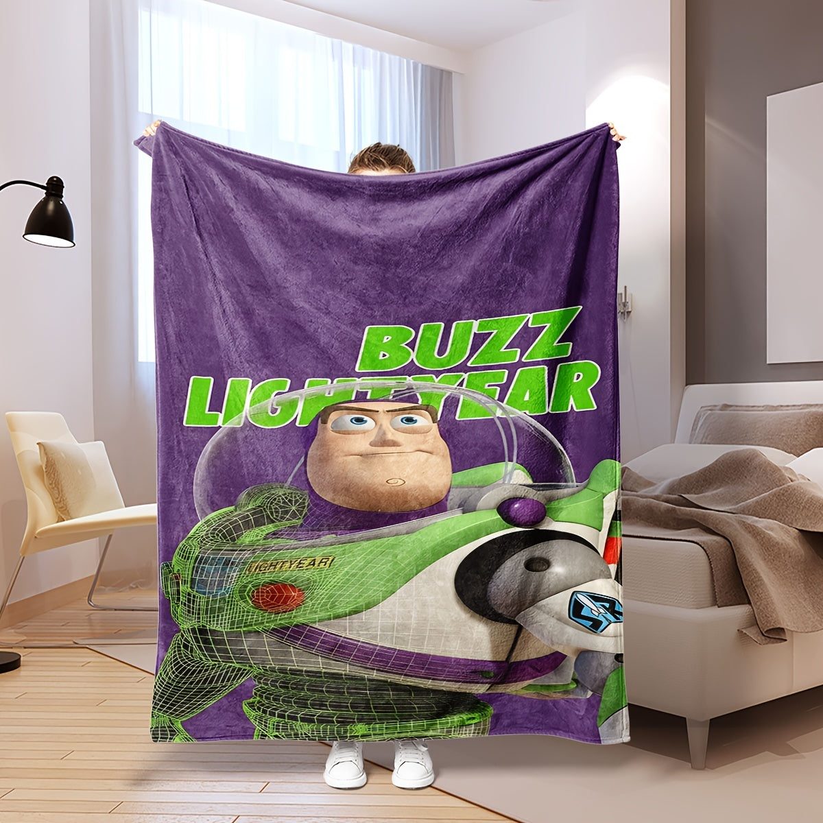 Action Figure Toy for Kids Buzz Lightyear Green Astronaut with Dinosaur on Purple Blanket