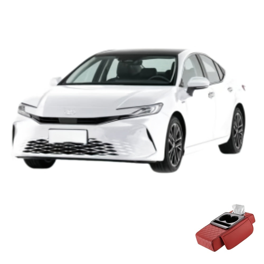 Faux Leather Car Armrest Storage Box Universal Fit All-Season Organizer for Water Cups Phones Tissues