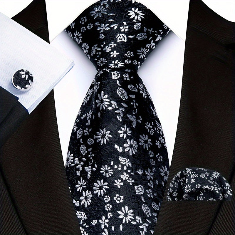 Men's Plaid Paisley Flower Tie Set with Cufflinks and Handkerchief Pack of 3