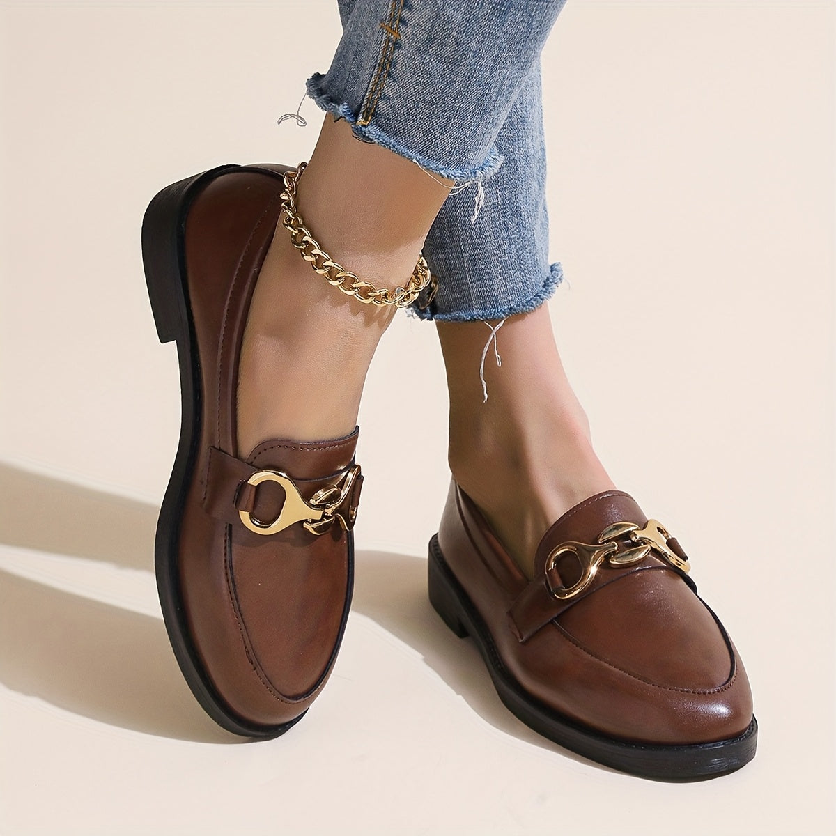 Women's Leather Platform Loafers with Buckle Comfort Slip-On All-Season