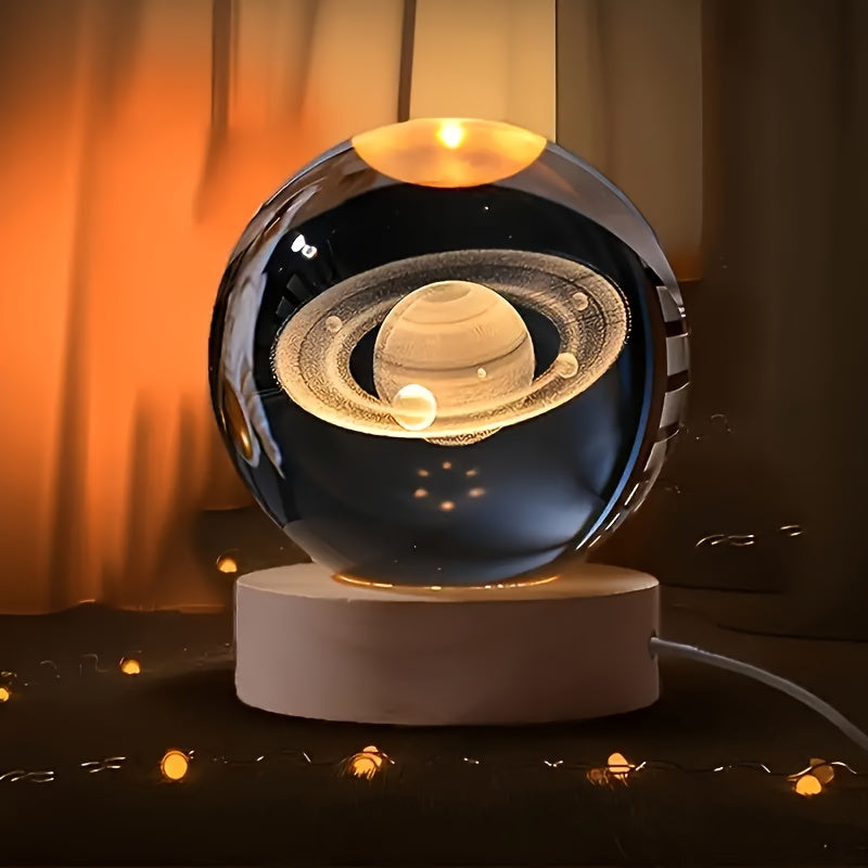 3D Crystal Ball with Solar System and Moon Engraving USB Powered Space Decor for Home Office