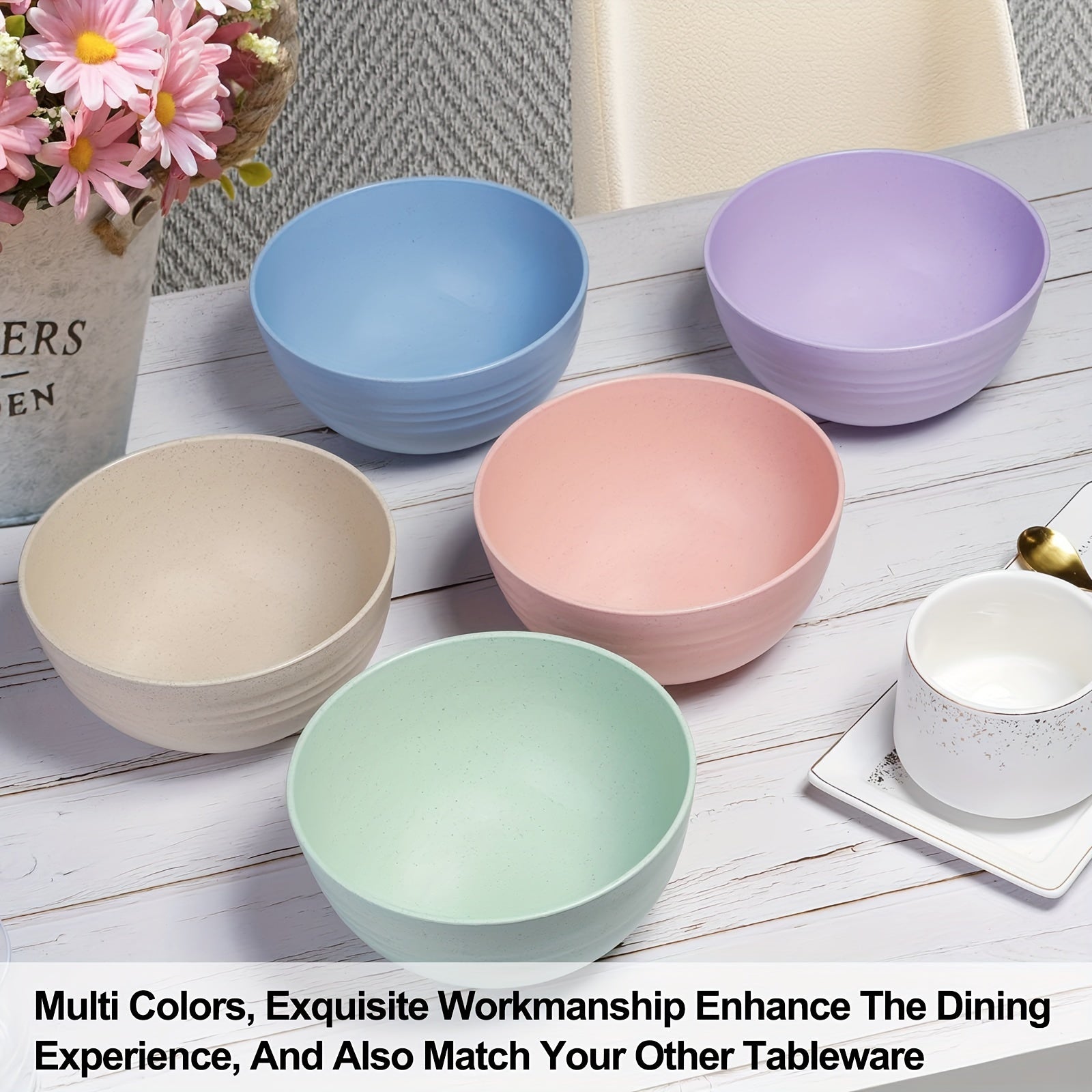 5-Piece Wheat Straw Bowl Set Unbreakable Microwave Safe Dishwasher Safe 16oz Pastel Textured
