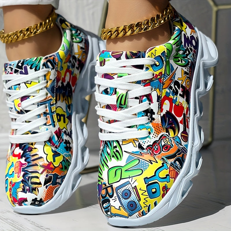 Women's Canvas Sneakers Casual Low Top Outdoor Shoes with Graffiti Pattern