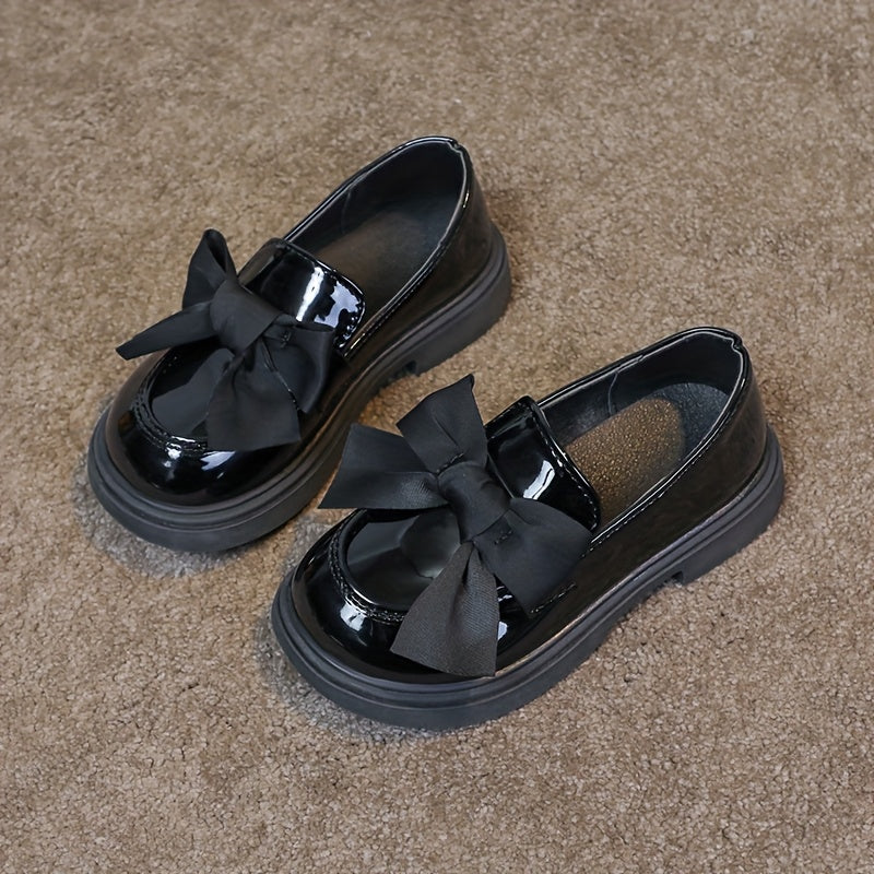 Girls Spring Black Loafers with Bow Non-Slip Rubber Sole Casual Shoes