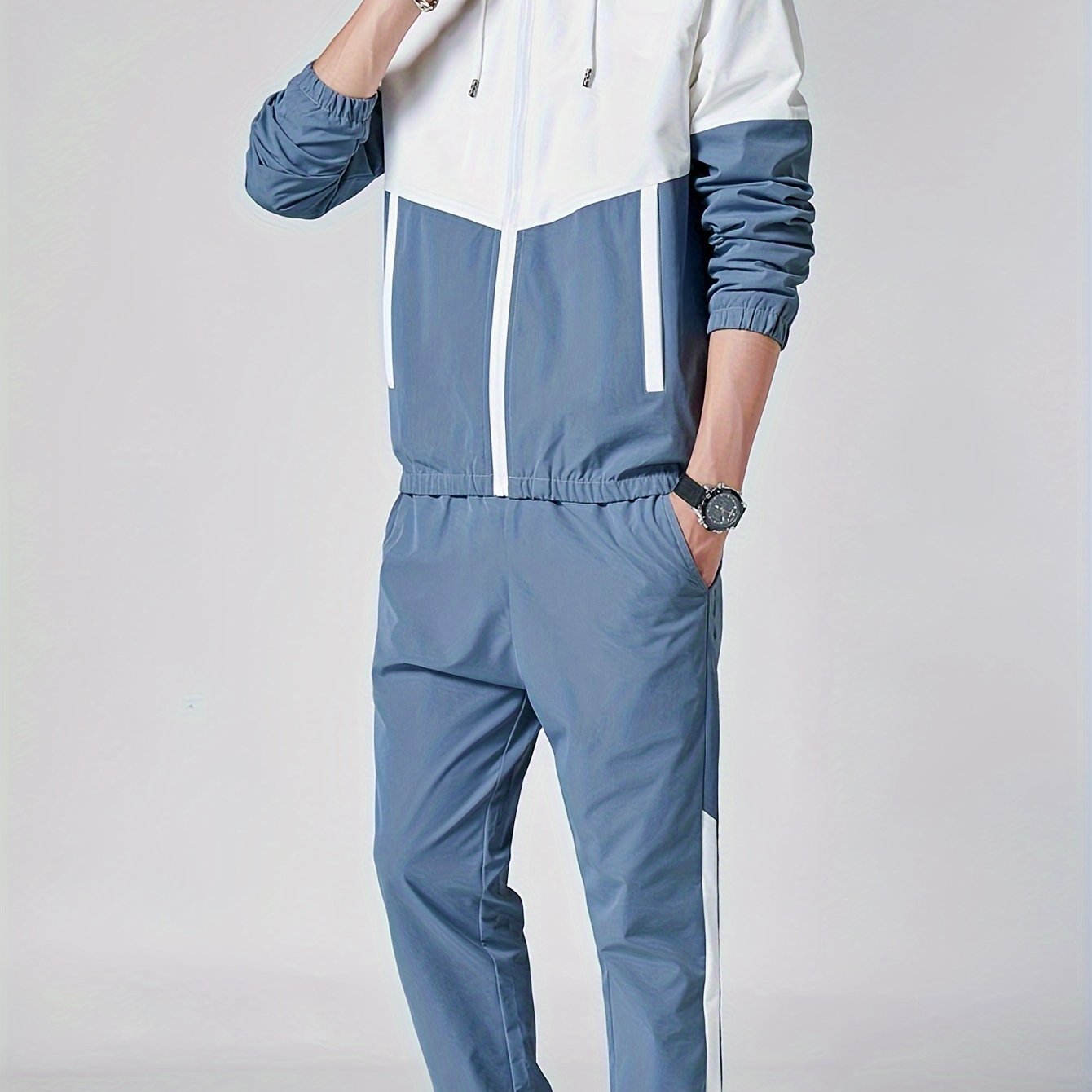 Мужской зеленый и белый спортивный костюм из полиэстера с плетением, куртка с капюшоном и штаны для бега, гольфа, походов