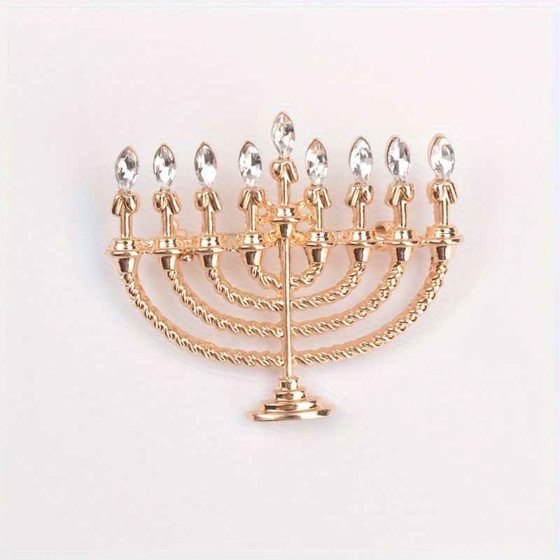Gold-Tone Hanukkah Menorah Brooch with Rhinestones Alloy Jewelry
