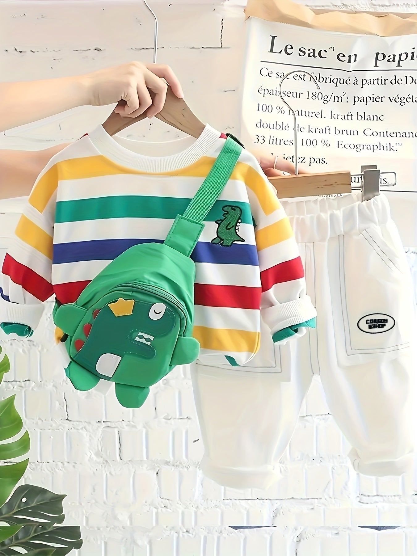 Kids' Autumn 2-Piece Outfit Set with Colorful Striped Long Sleeve Top and Green Dinosaur Jeans for Boys and Girls