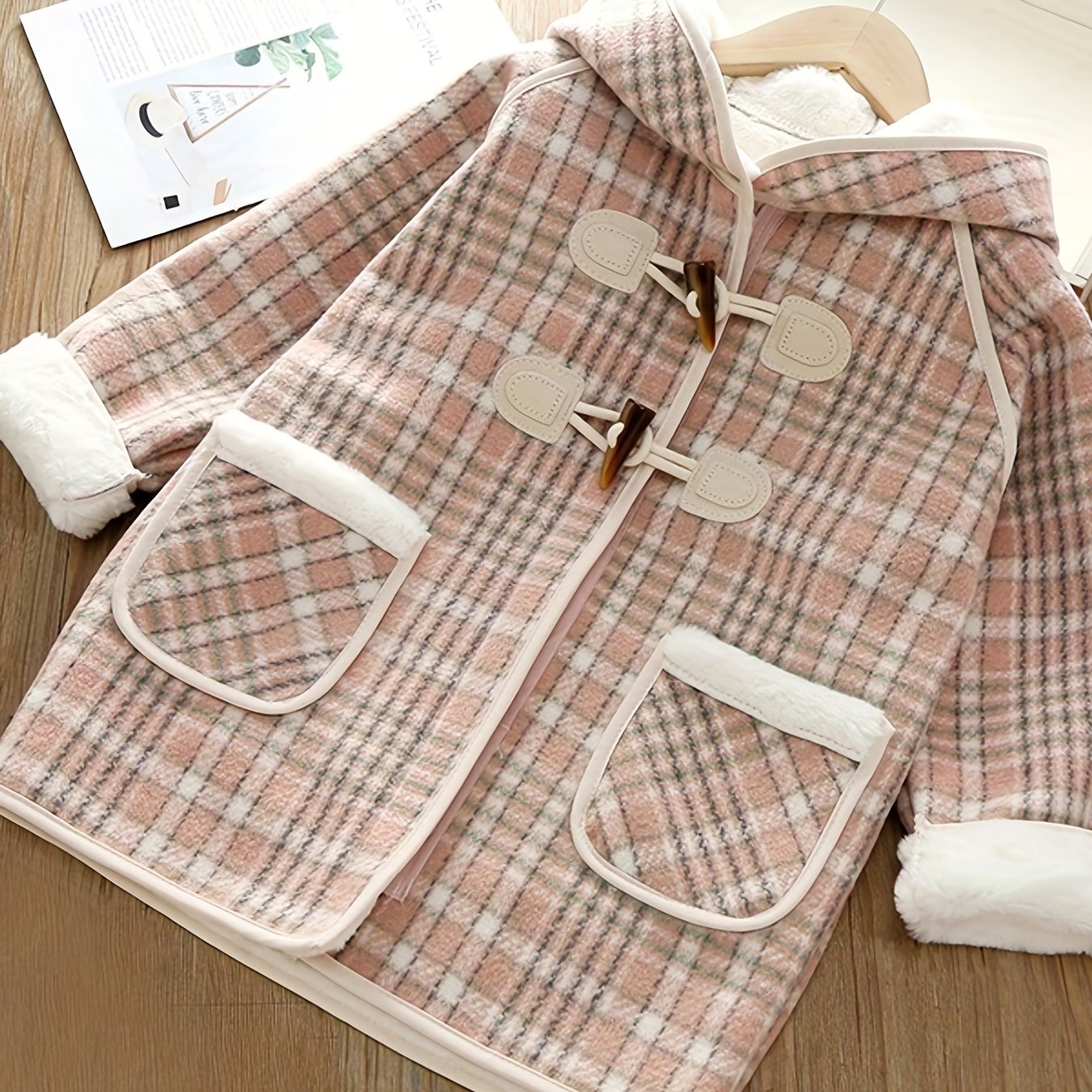 Girls' Winter Fleece Plaid Overcoat with Hood and Pockets for Kids