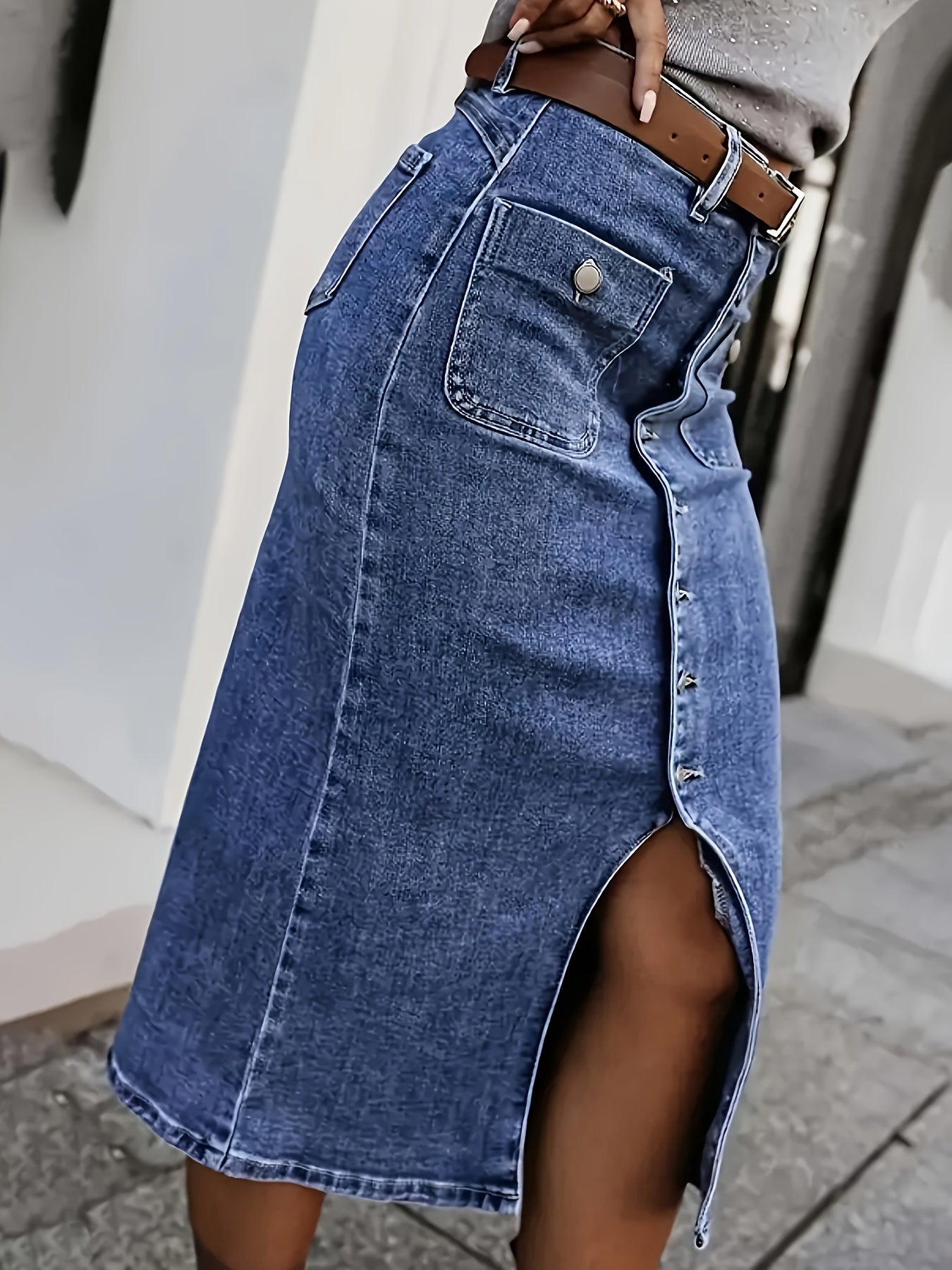 Plus Size Women's Stretch Denim Skirt Mid-Rise Flared Casual Knee-Length