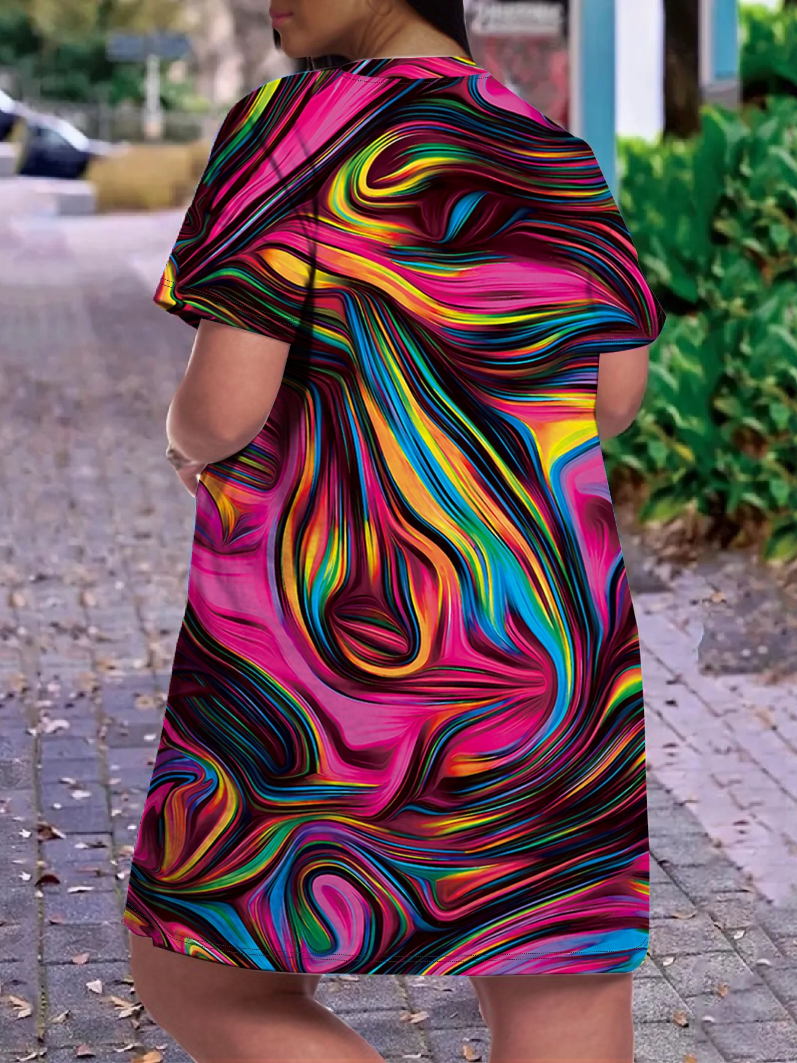 Summer Printed Dress for Women V-Neck All Over Print Medium Stretch Knit Fabric