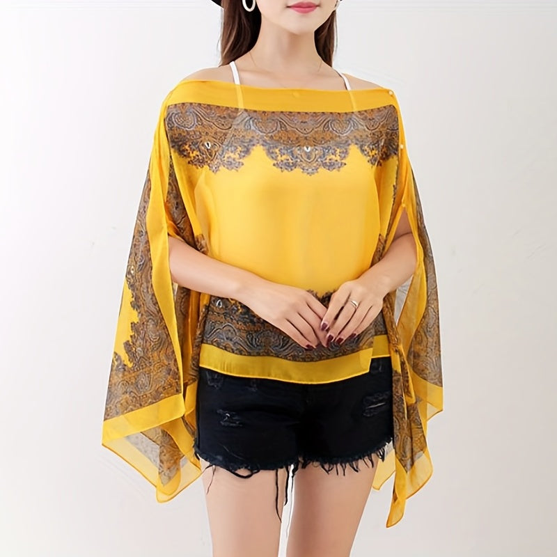 Boho Chic Paisley Print Chiffon Shawl Wrap for Travel and Beach Sunscreen Cover Windproof Cardigan Towel