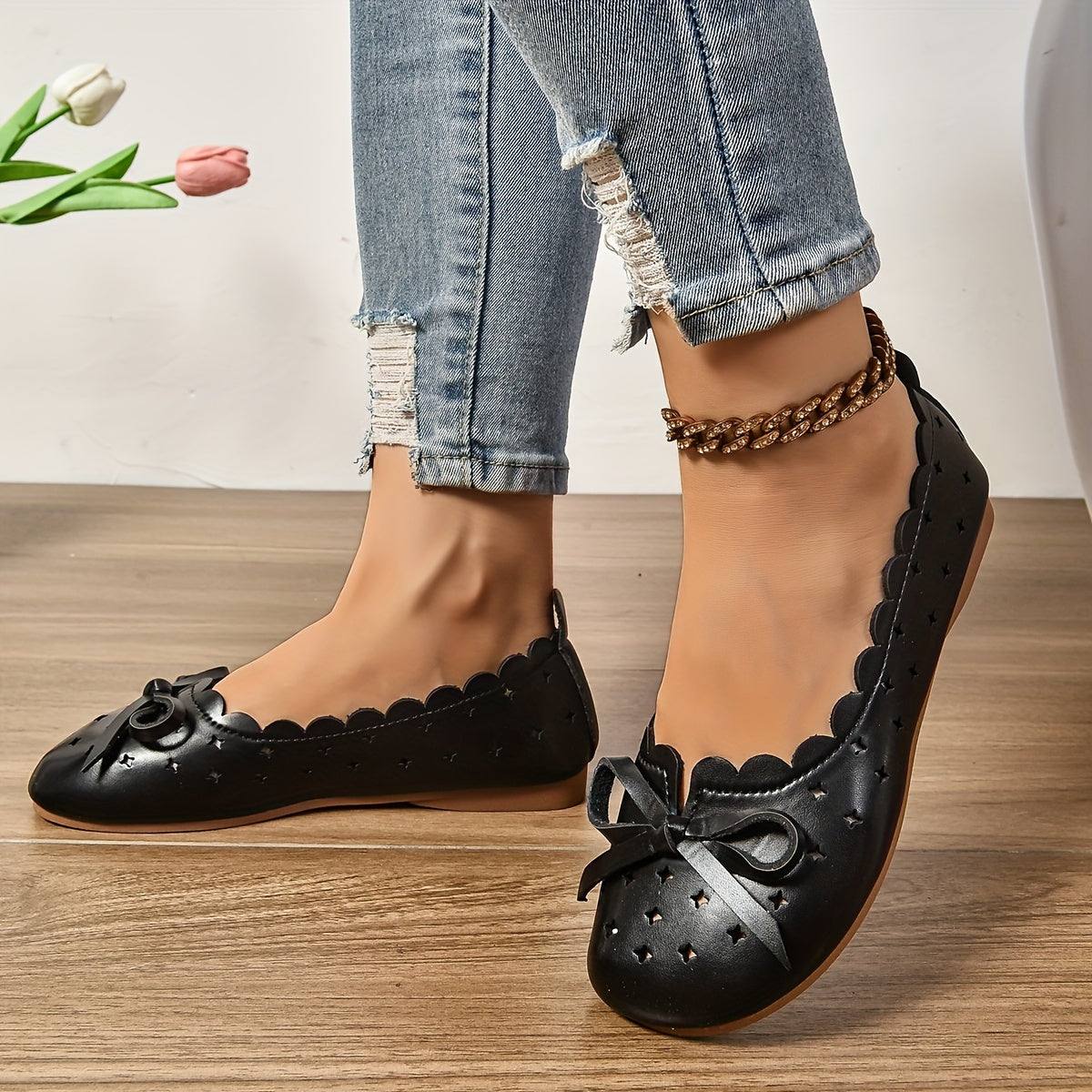 Women's All-Season Ballet Flats Breathable Slip-On Shoes with Bow Accents