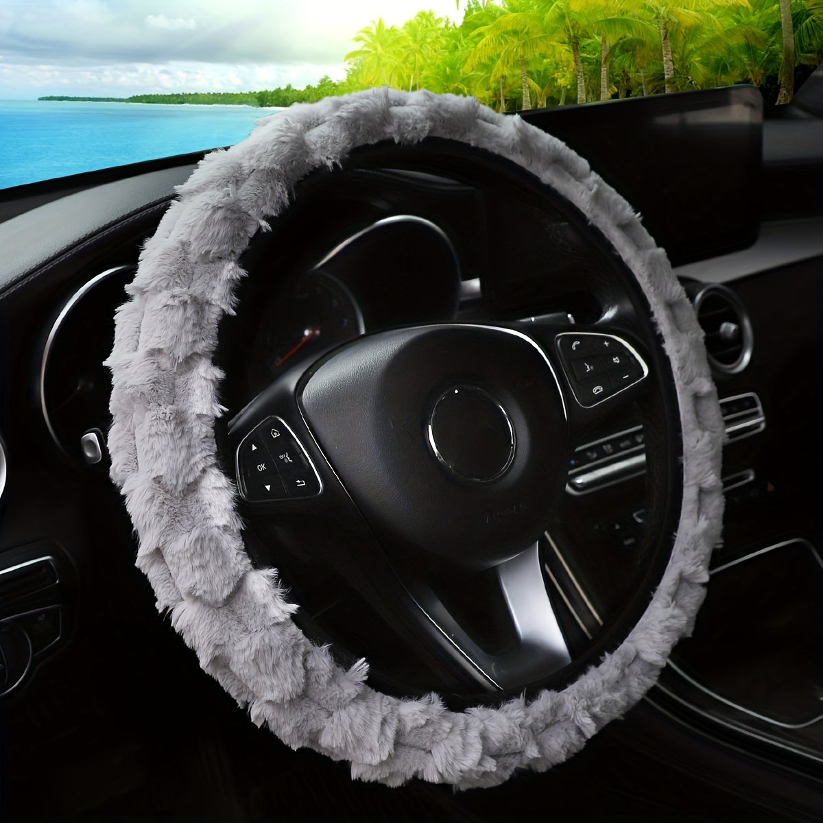 Winter Plush Car Steering Wheel Cover Faux Rabbit Fur Black White Stitching