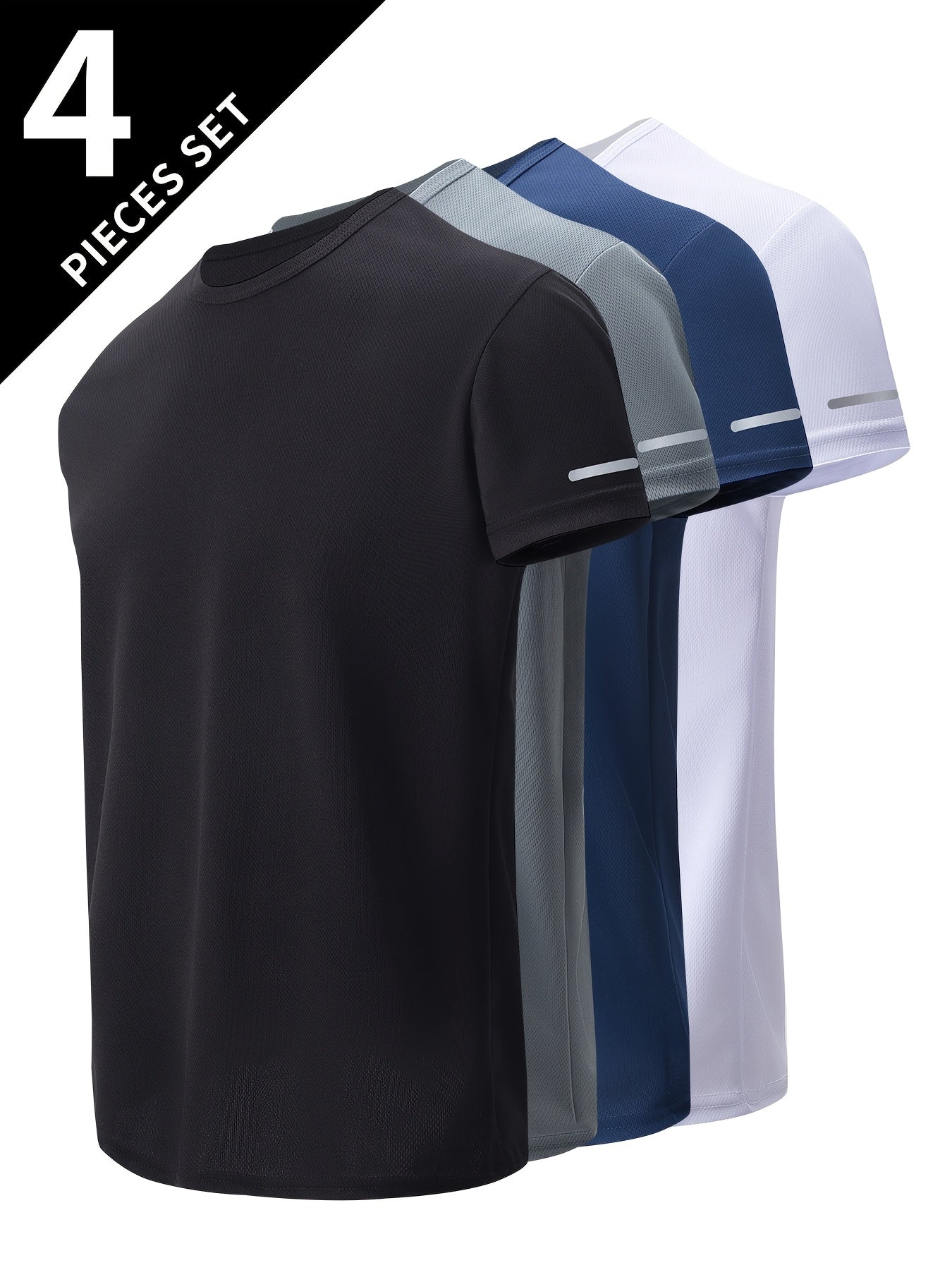 Set of 4 Men's Athletic T-Shirts Breathable Quick-Dry Polyester Crew Neck Summer Fitness