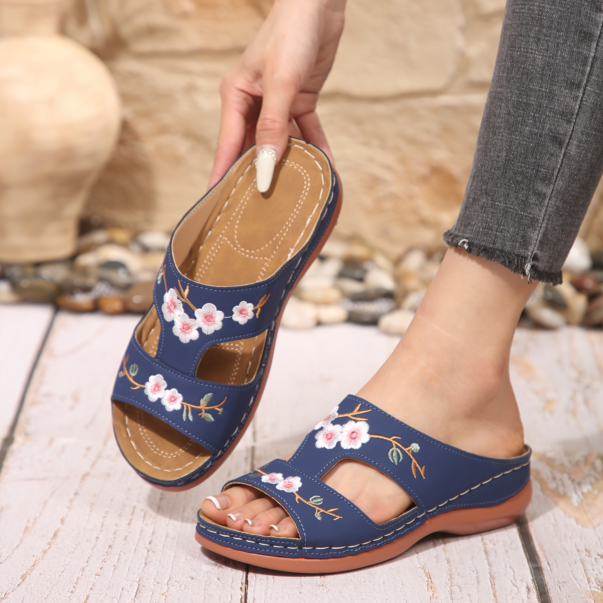 Women's Floral Wedge Sandals Faux Cover Open Toe Slip-On Summer Shoes
