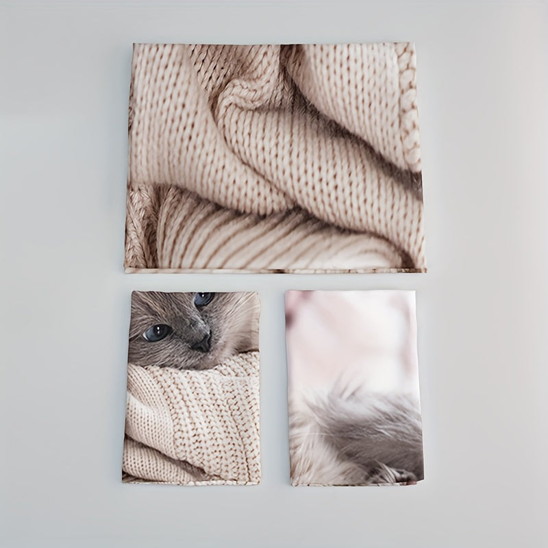 Cat Print Duvet Cover Set with Pillowcases 3 Piece Breathable Polyester Easy Care