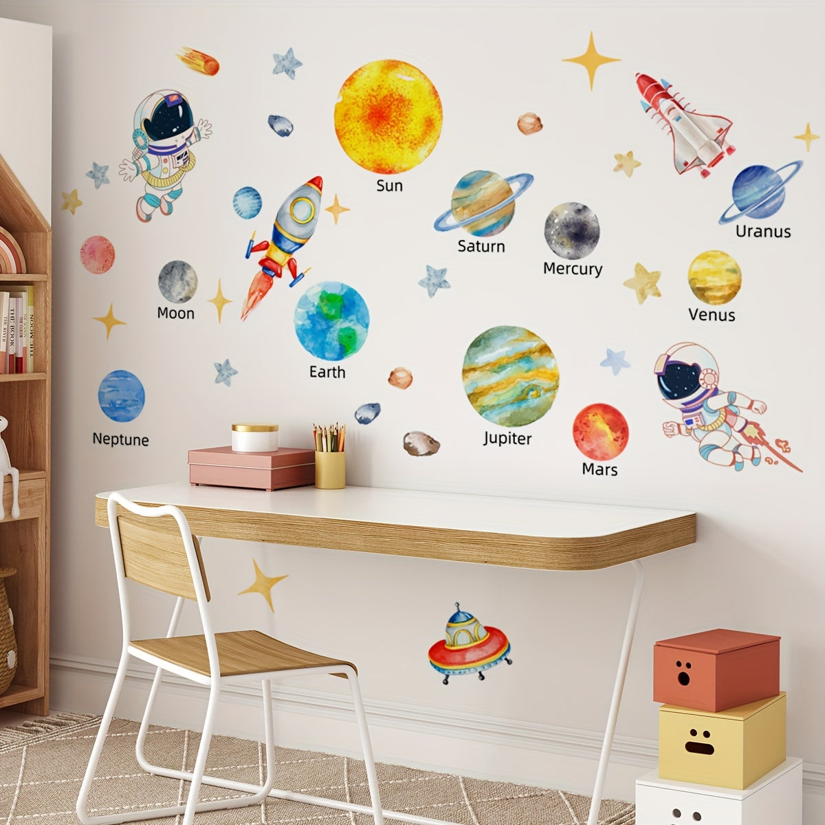 Space Themed Wall Decals Set with Astronauts Stars UFOs Planets and Spaceships 160x80cm
