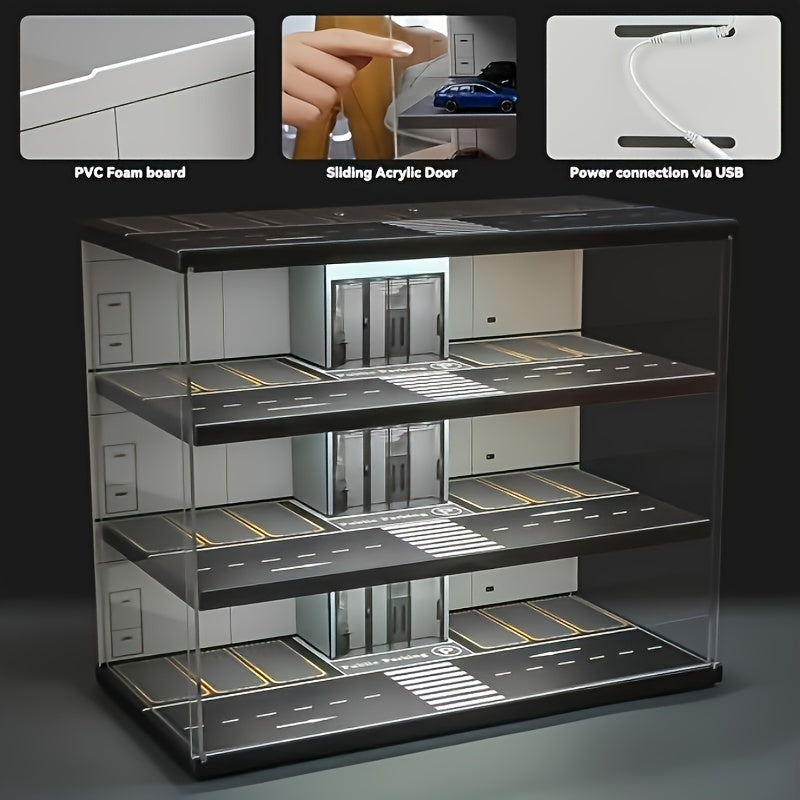 Qora PVC 1:64 o'lchamdagi model avtomobil ko'rgazma qutisi, LED yoritgichli changga chidamli qopqog' va to'xtash joyi sahnasi bilan