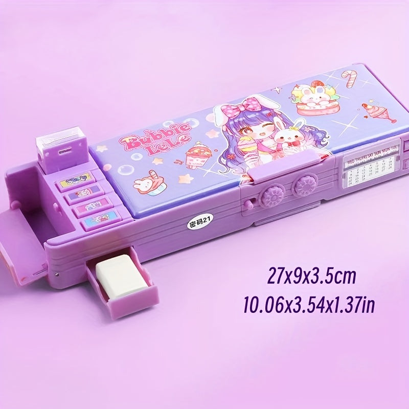 Purple Pencil Case with Password Lock, Colorful Compartments, Portable Stationery Organizer for Girls