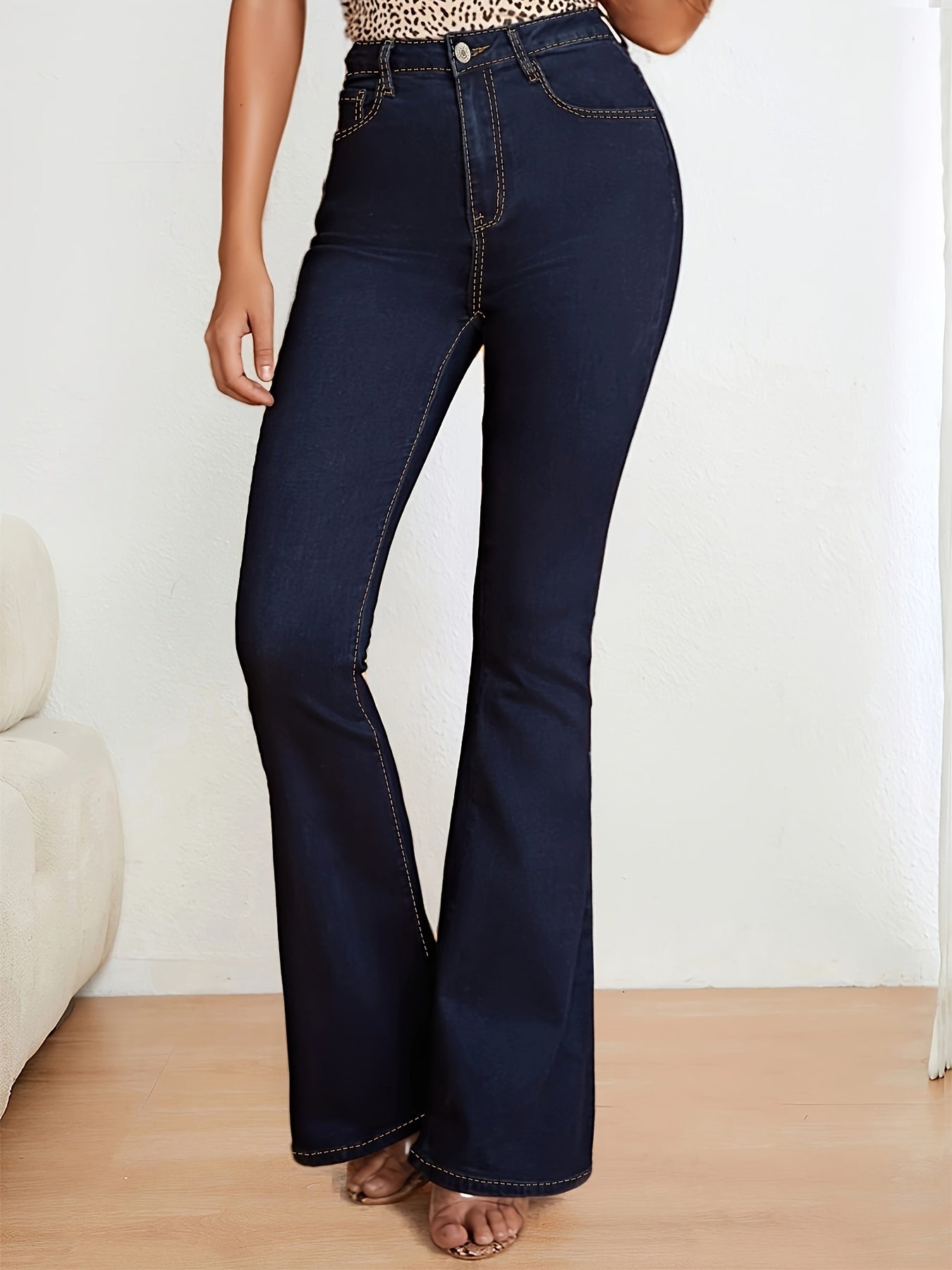 Women's High-Waisted Flare Jeans Blue Denim Slim Fit Long Length