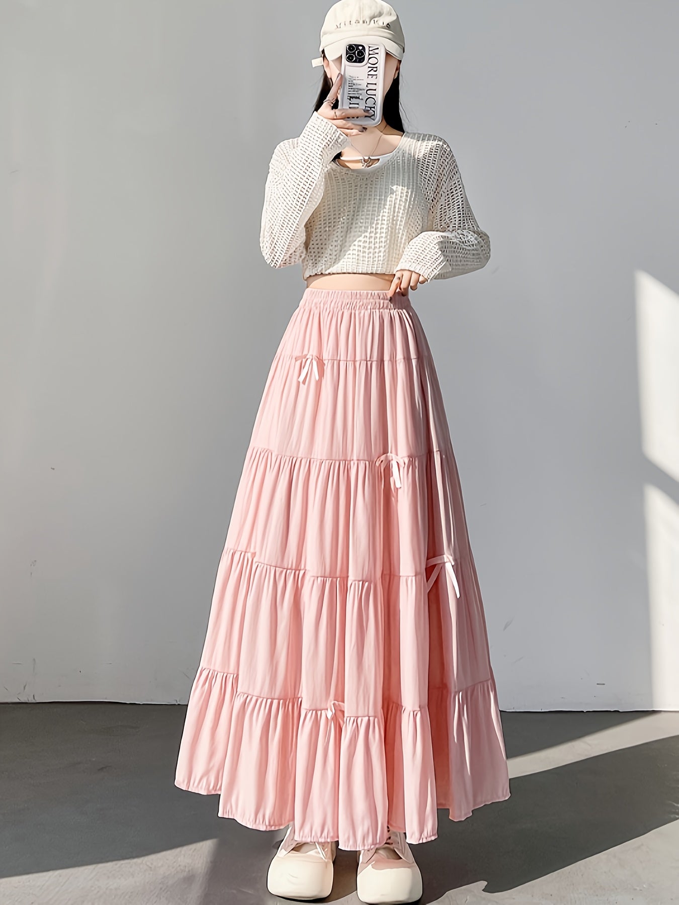 Women's Pastel Pink Tiered Midi Skirt High-Waisted Flowy A-Line