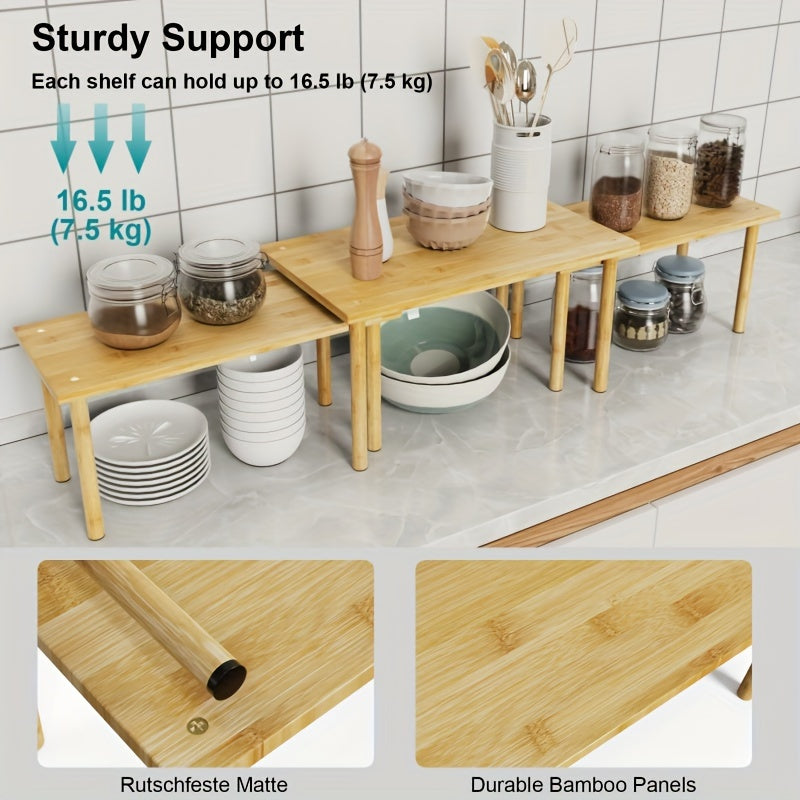 Set of 3 Bamboo Cabinet Organizers Adjustable Countertop Shelves Kitchen Storage Rack