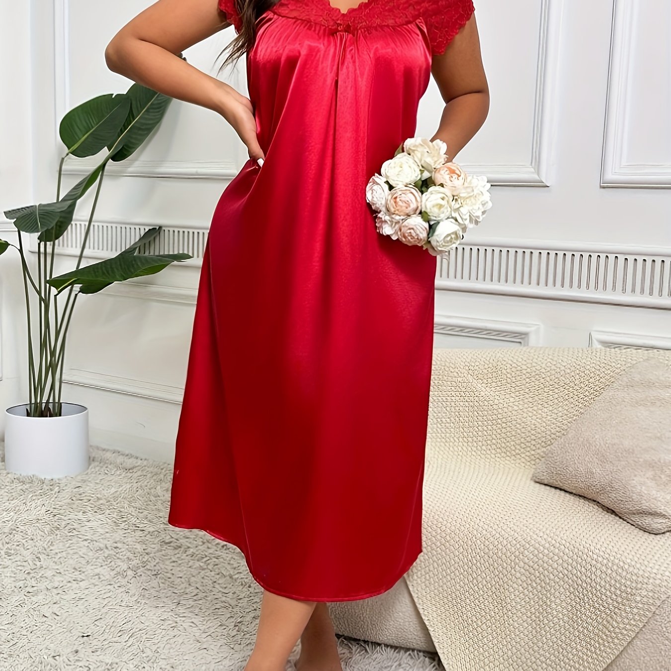 Plus Size Red Satin Nightgown with Lace Trim Short Sleeve V-Neck