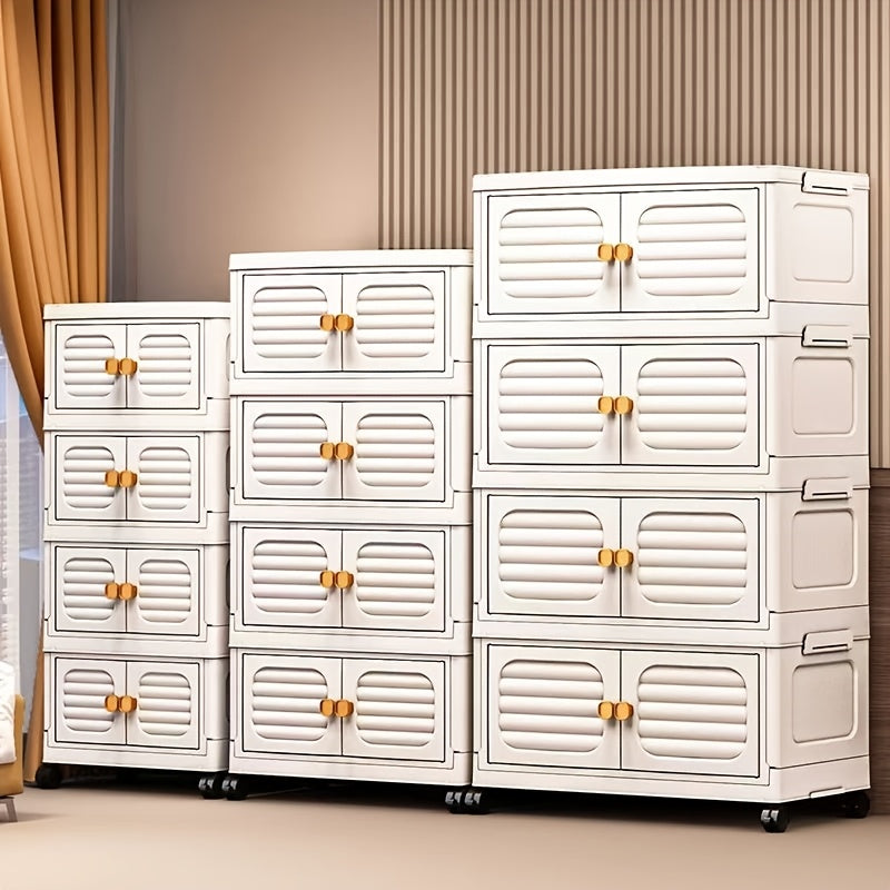 3 qavatli, suv o'tkazmaydigan, yig'ilishi shart bo'lmagan, egiluvchan plastik saqlash shkafi. Oq rangda, oltin aksentlar bilan, yotoqxona va uy tartibi uchun ideal.