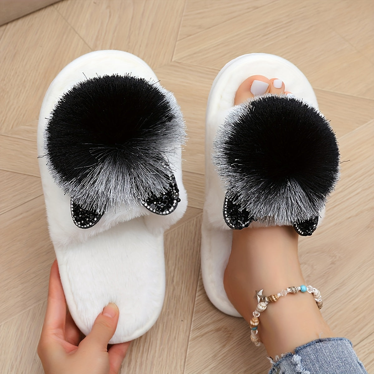 Women's Plush Faux Fur Slippers with Rhinestone Ears Indoor Outdoor Cozy Footwear
