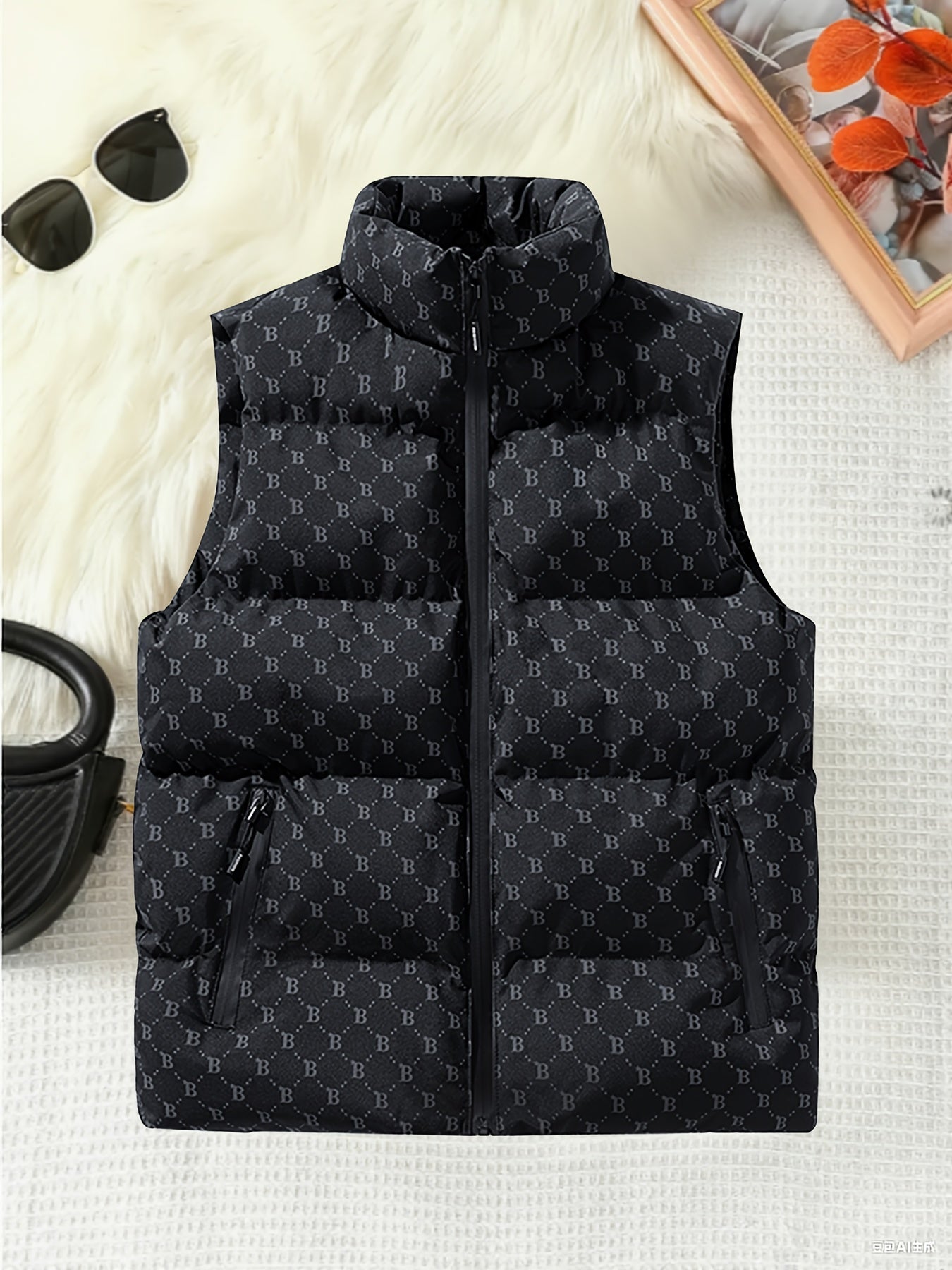 Ayollar uchun qishki bezsiz yengsizlik kamzul kurtka stand collar zip pockets letter print