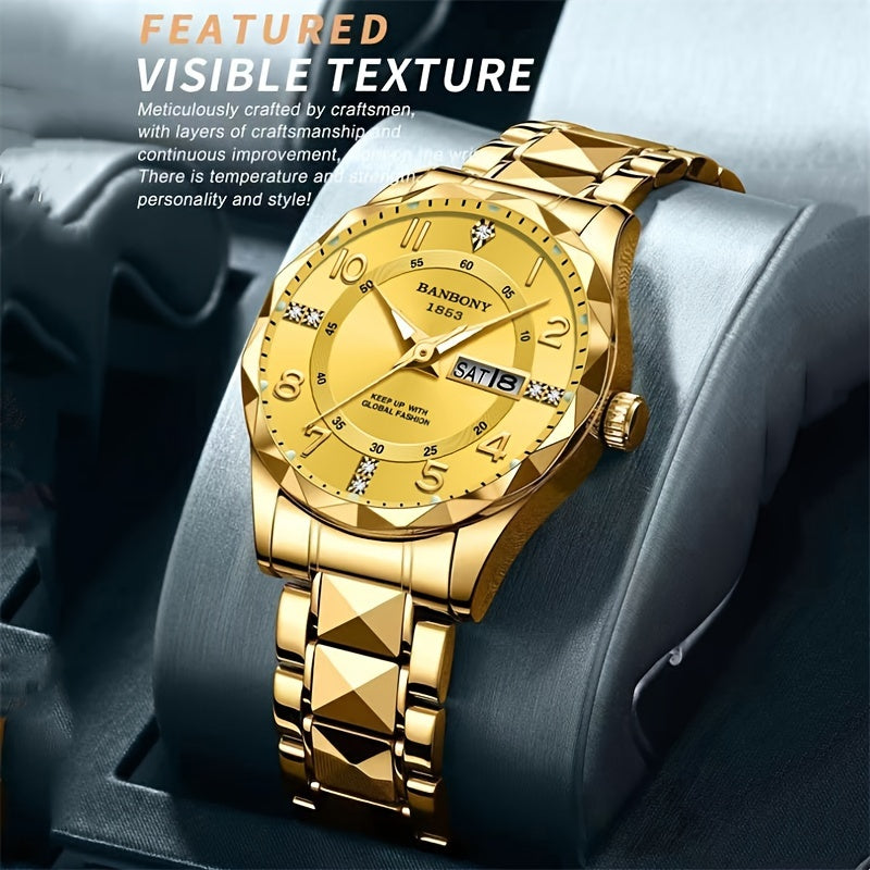 Men's Stainless Steel Quartz Watch with Roman Numeral Dial and Date Calendar