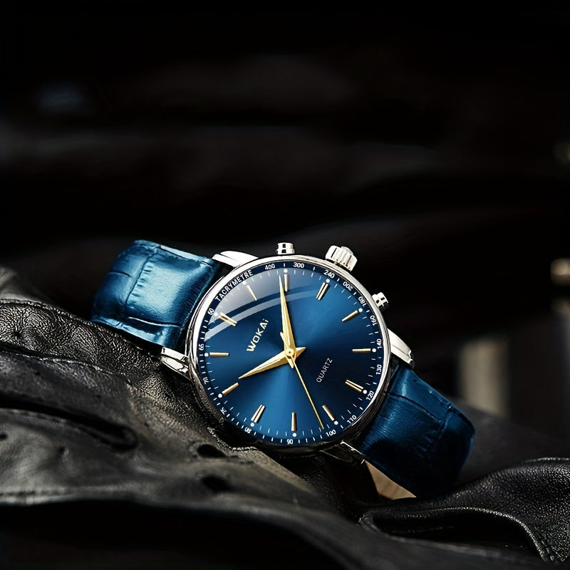 Men's Quartz Wristwatch with Silver Dial and Leather Strap